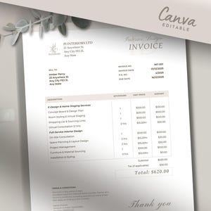 May include: A black and white invoice with the title "Interior Design Invoice" and the company name "PI Interiors LTD". The invoice lists services such as E-Design & Home Staging Services, Concept Board & Design Plan, Room Styling & Virtual Staging, Shopping List & Sourcing Links, Virtual Consultation (2 hrs), Full Service Interior Design, On-Site Consultation, Space Planning & Layout Design, Project Management, Furniture & Material Sourcing, Installation & Styling. The invoice total is £620.00.