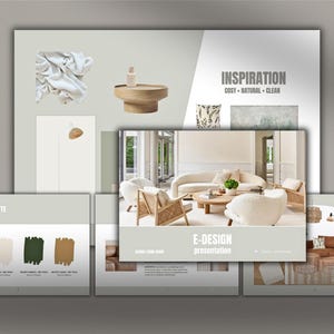 Presentationsmall för neutral inredning: 23 sidor med E-design Concept Mood Board (Canva)