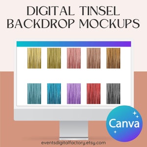 Tinsel Digital Curtain Backdrop, Event Backdrop Canva Template, Tinsel Curtain event decor, Event Planner mockup template, party backdrop