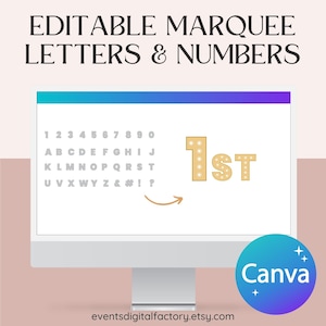 Puede incluir: Una pantalla de ordenador que muestra una plantilla de diseño de Canva para letras y números de marquesina editables. La plantilla incluye el alfabeto, los números y los signos de puntuación. El texto "1st" está resaltado en dorado con bombillas alrededor de las letras.