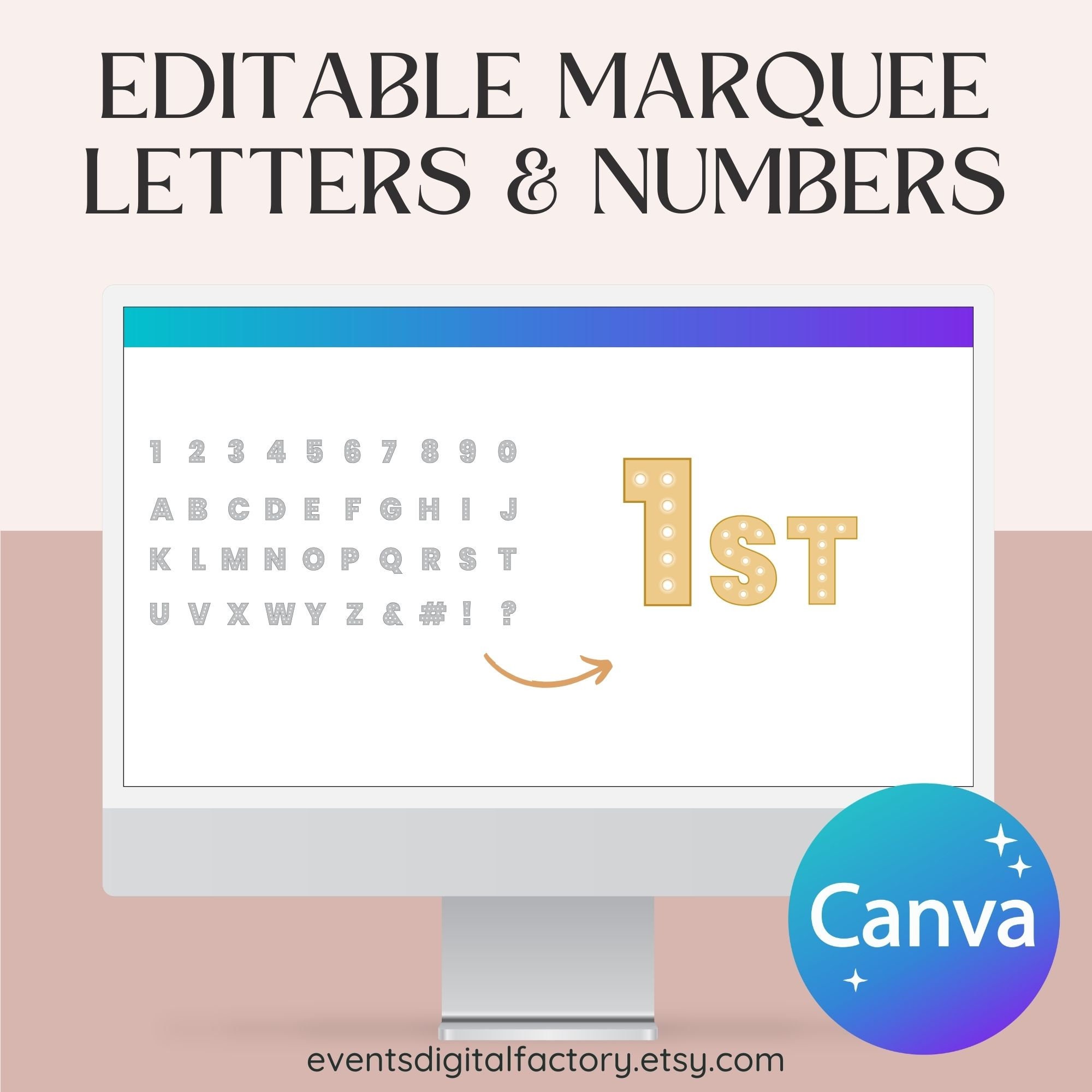 Digital Marquee Letters & Numbers Canva Elements, Digital Marquee alphabet and numbers,  Event Mockup, Editable Marquee font, Canva template