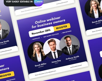 Könnte beinhalten: Eine violette und gelbe Online-Webinar-Ankündigung für Geschäftsinhaber. Die Ankündigung enthält das Datum, den 28. November, und die Namen der Referenten: Sarah Miller, Jason Day und Anthony Smith. Die Ankündigung enthält auch den Text "REGISTRIEREN" und "BESTE MARKTPRAKTIKEN".