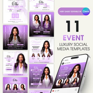 May include: Eleven purple and white social media templates for an event. The templates feature a woman in a purple blazer and the text "The Masterclass" with the price $199 and the date August 25th.