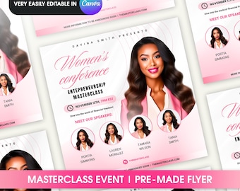 May include: Pink and white flyer for a Women's Entrepreneurship Masterclass event. The flyer features a photo of a woman in a pink blazer and a clock icon. The event is scheduled for November 12th at 7pm EST. The flyer also includes the names of the speakers: Portia Simmons, Lauren Moralez, Tamara Wilson, and Tania Smith.