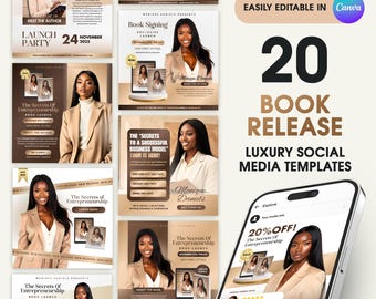 May include: A set of 20 luxury social media templates for a book release. The templates feature a woman in a tan blazer, with text including "Book Release" and "The Secrets of Entrepreneurship". The templates are easily editable in Canva.