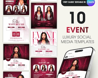 May include: Ten social media templates for an event. The templates feature a red and white color scheme with a woman in a red blazer. The text on the templates reads "The Masterclass" and includes the date and price. The templates are easily editable in Canva.