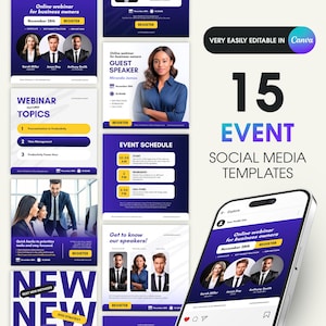 Puede incluir: Un conjunto de 15 plantillas de redes sociales para un seminario web en línea para propietarios de empresas. Las plantillas presentan un esquema de color morado y azul con imágenes de los ponentes y detalles del evento. El texto incluye "Seminario web en línea para propietarios de empresas", "Orador invitado", "Temas destacados del seminario web", "Programa del evento", "¡Conozca a nuestros ponentes!" y "Nueva Nueva Estrategia 2023".