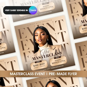 May include: A flyer for a masterclass event featuring a woman with dark hair and a tan coat. The flyer is in gold and brown tones and includes the text "The Masterclass" and "Danika Rose Presents". The event is scheduled for Monday, March 17th.