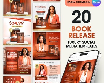 May include: A set of 20 social media templates for book releases. The designs feature a woman in an orange blazer, book covers, and event information. Text includes "Book Release" and "Luxury Social Media Templates."