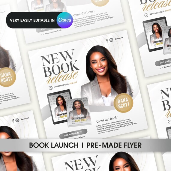 Book Launch Flyer Book Release Template Canva Ebook Launch Flyer White and Silver Flyer DIY Premium Gold Author Book Promotion Editable AD