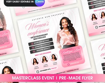 May include: A pink and white flyer for a Women's Entrepreneurship Masterclass event. The flyer features a photo of a woman with a pink background and text that says "Kathryn Bow Presents Women's Conference Entrepreneurship Masterclass". The flyer also includes a list of speakers and the date and time of the event.