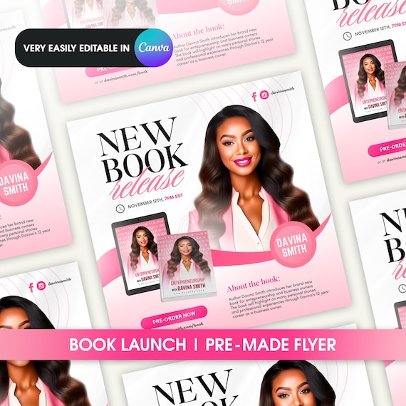 Book Launch Flyer Book Release Template Canva Ebook Launch Flyer Pink and Black Flyer DIY Premium White Author Book Promotion Editable Flyer
