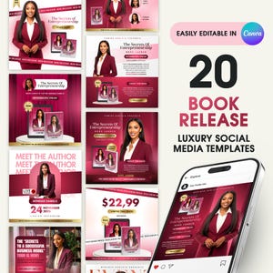 May include: A collection of 20 social media templates for a book release, featuring a woman in a burgundy suit. The templates include the book title, author's name, and event details. The text "Easily Editable in Canva" is also visible.