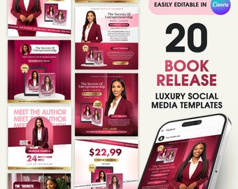 May include: A set of 20 social media templates for a book launch, showcasing a woman in a burgundy suit. The designs include the book title, author's name, and event information. The text "Easily Editable in Canva" is also visible.
