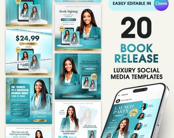 May include: A collection of 20 teal and white social media templates for a book release. The templates feature images of a woman in a teal blazer, with text that reads "Book Release" and "Luxury Social Media Templates". The templates are easily editable in Canva.