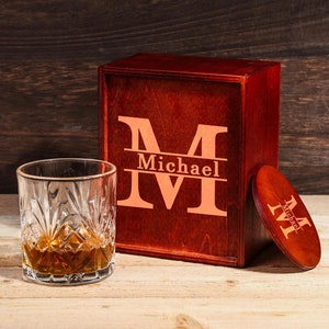 Personalized Whiskey Glass Set, Laser Engraved Wooden Box & Coaster
