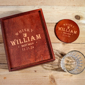 Conjunto de copos de uísque personalizados com caixa de madeira, presente para padrinhos, presente para padrinhos, presente para namorados, presentes de uísque para ele, pai, avô