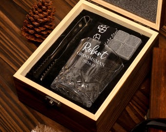 Personalized Whiskey Glasses Set with Wooden Box, Groomsmen Gifts, Best Man Gift, Bachelor Party Gifts for Men,Wedding Thank You Gifts
