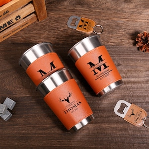 Beer Mug with Leather Can Holder, Personalized Beer Cup, Groomsmen Gifts, Practical Groomsmen Gifts, Groomsmen Proposal, Wedding Party Gifts