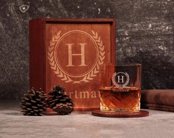 Personalized Whiskey Glass Set with Wooden Box, Whiskey Stone Set, Groomsmen Gift, Best Man Gift, Boyfriend Gift, Whiskey Gifts for Him Dad