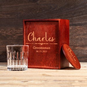 Personalized Whiskey Glass Set with Engraved Wooden Box, Groomsmen Gift