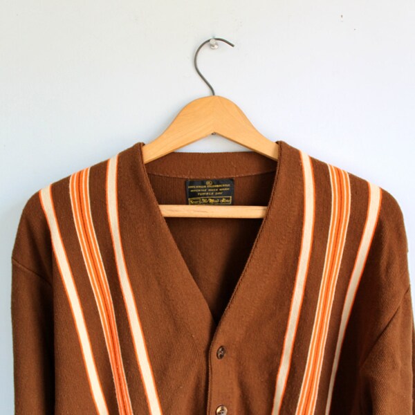 vintage 1960s mod cardigan. men size L / rockabilly three tone, brown with orange and white front stripes / the COLD PABST sweater