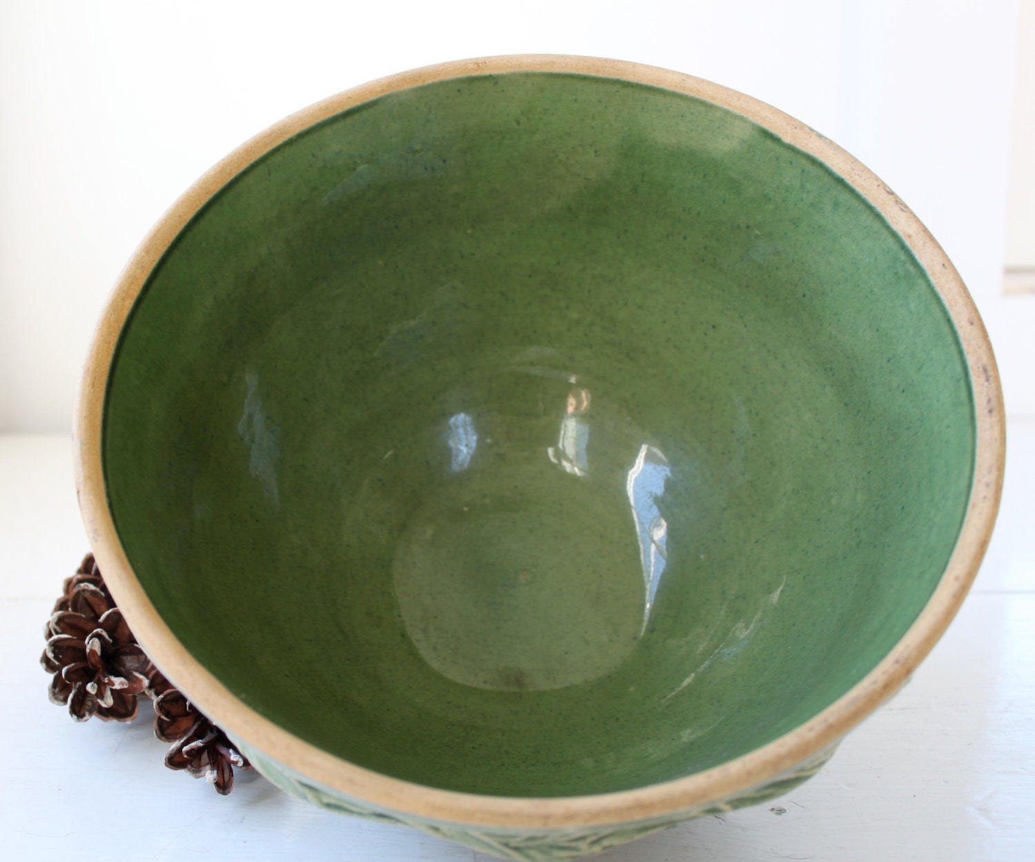 Vintage 1930s green pottery bowl. Green glazed yellow ware. Etsy