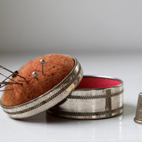 antique 1920s pincushion and sewing box / rustic, shabby chic