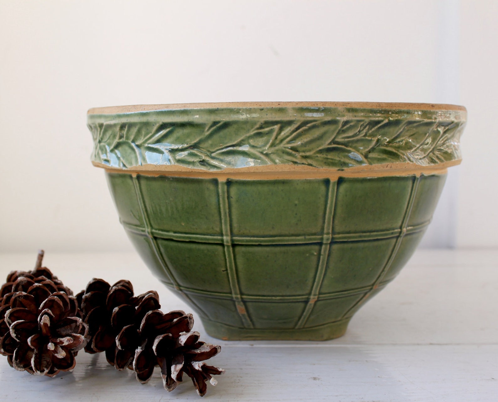 Vintage 1930s green pottery bowl. Green glazed yellow ware. Etsy