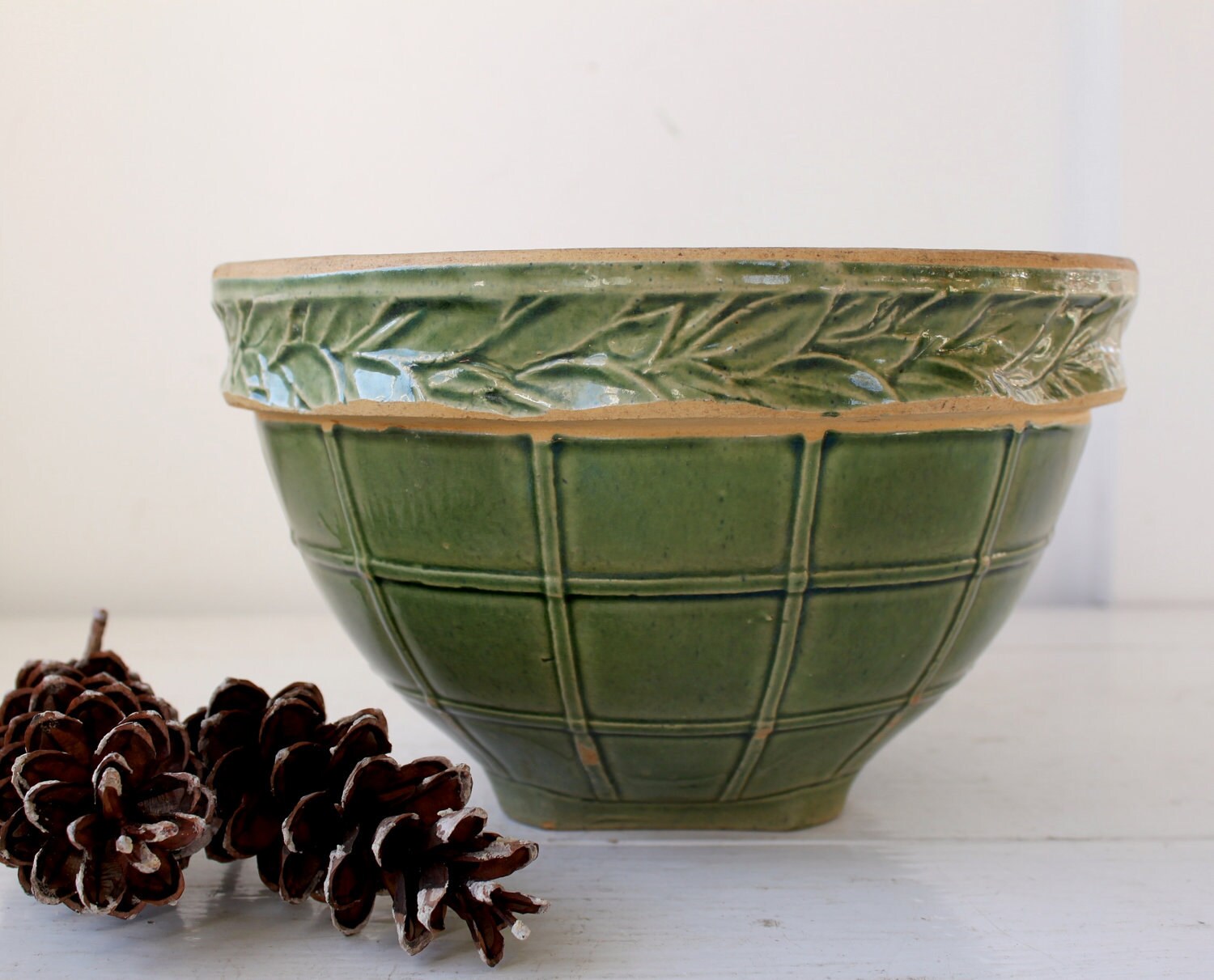 Vintage 1930s green pottery bowl. Green glazed yellow ware. Etsy