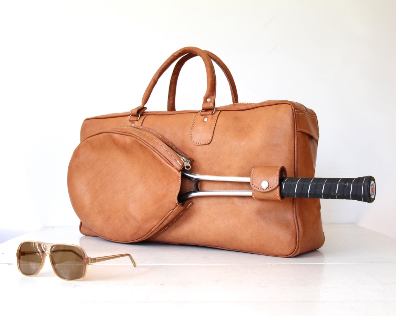 Vintage leather duffle bag. Tennis bag. Natural cowhide Etsy