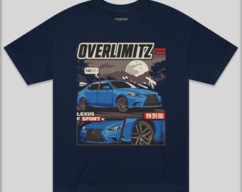 May include: A navy blue t-shirt with a graphic of a blue Lexus F Sport car. The graphic includes the text "Overlimitz", "Lexus F Sport", and "特別版".