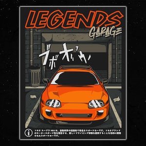 May include: A bright orange Toyota Supra MK4 sports car parked in a garage with the words "LEGENDS GARAGE" and Japanese text above the car. The car has black racing stripes on the headlights and a black spoiler.