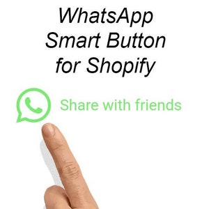 Könnte beinhalten: Ein grünes WhatsApp-Symbol mit einem Telefonhörer darin, ein Finger zeigt auf das Symbol und der Text "Mit Freunden teilen" darunter. Der Text über dem Symbol lautet "WhatsApp Smart Button for Shopify".