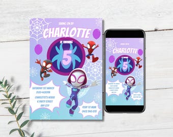 Spidey and Friends-Geburtstagseinladung: Lila-Thema (bearbeitbare digitale Datei)