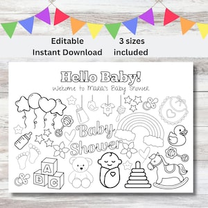 Baby Shower Activity Sheet Editable Kids Activity Hello Baby Party Placemat Coloring Sheet for Toddlers Baby Shower Ideas
