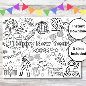 Pagina da colorare con tovaglietta per attività 2025, download immediato, stampabile, PDF, digitale, per bambini, foglio di lavoro per la vigilia di Capodanno, festa