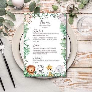 Menu Safari Baby Shower - Un piccolo selvaggio è in arrivo - Modello modificabile - Tema giungla - Genere neutro - Download immediato - Oh Baby