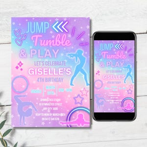 Gymnastics Invite, Editable Birthday Invitation, Digital Download, Tumbling Party Theme, Girls Gymnastics Invite