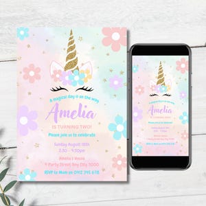 Invito unicorno, invito di compleanno modificabile, invito arcobaleno digitale, design pastello scintillante per ragazze