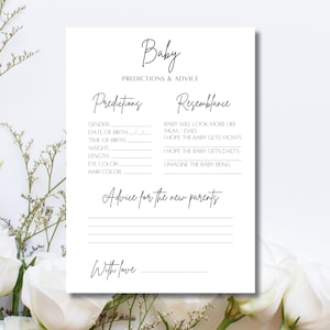 Jeu de prédictions pour bébé, cartes modifiables pour baby shower, jeu de devinettes amusant, conseils à imprimer pour les futurs parents, jeux baby shower minimalistes