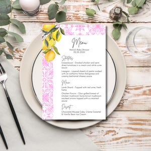 Menu de chá de bebê Ciao Bambina Light Pink Lemon Positano Amalfi Italian Baby Shower Drinks Menu Download digital Editável Modelo Ciao Baby