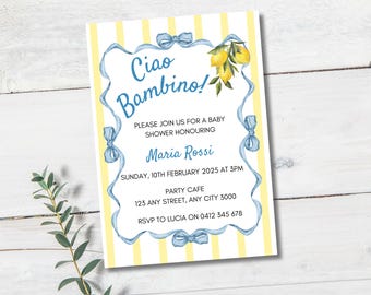 Ciao Bambino Baby Shower Invitation: Blue Yellow Lemon Editable Italian Themed Invitation Template (Editable Digital Download)
