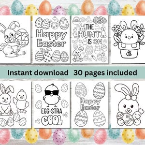 Páginas para colorear de Pascua 30 PDF imprimibles de descarga instantánea Conejitos de Pascua digitales Huevos de Pascua para niños pequeños Actividad de color de Pascua feliz Manualidad