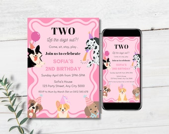 Invitación de cumpleaños de cachorro rosa: Plantilla editable para fiesta canina (Descarga digital)