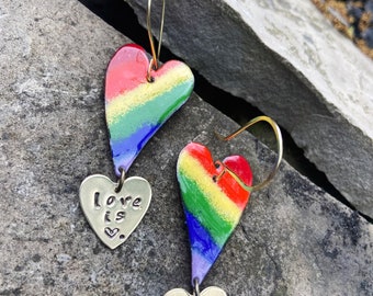 PRIDE Heart enameled rainbow earrings!!
