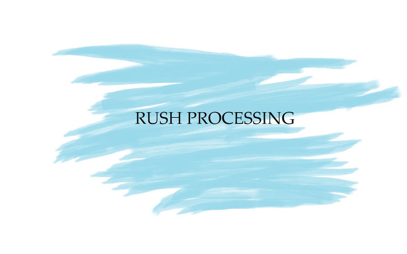 May include: A light blue watercolor brushstroke background with the text "RUSH PROCESSING" in black.