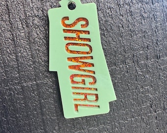 Orange Glitter Showgirl Keychain, Mint Acrylic Keychain