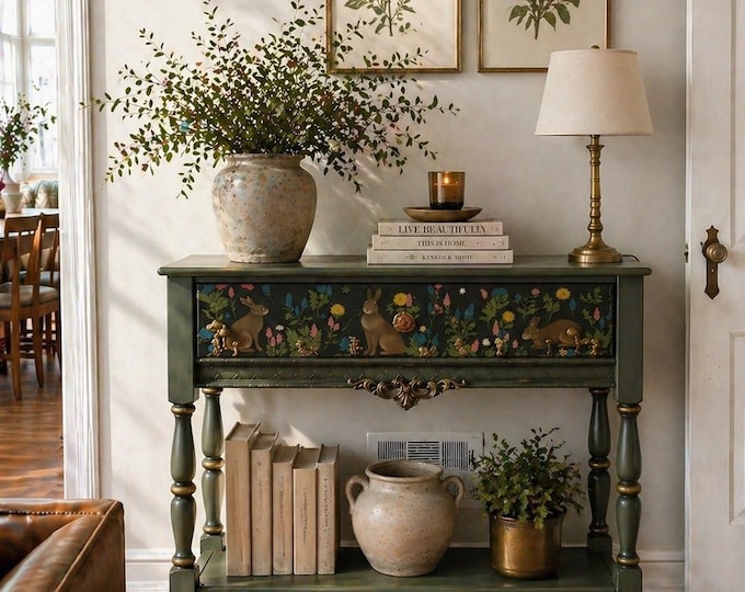 Hand Painted Woodland Rabbit Console Table, Narrow Entryway Furniture