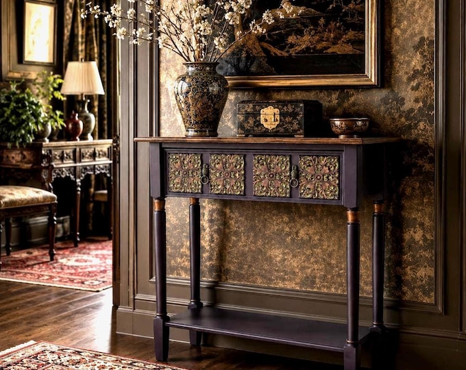 Deep Purple Console Table with Carved Drawer, Solid Wood Entryway Table, Ready to Ship